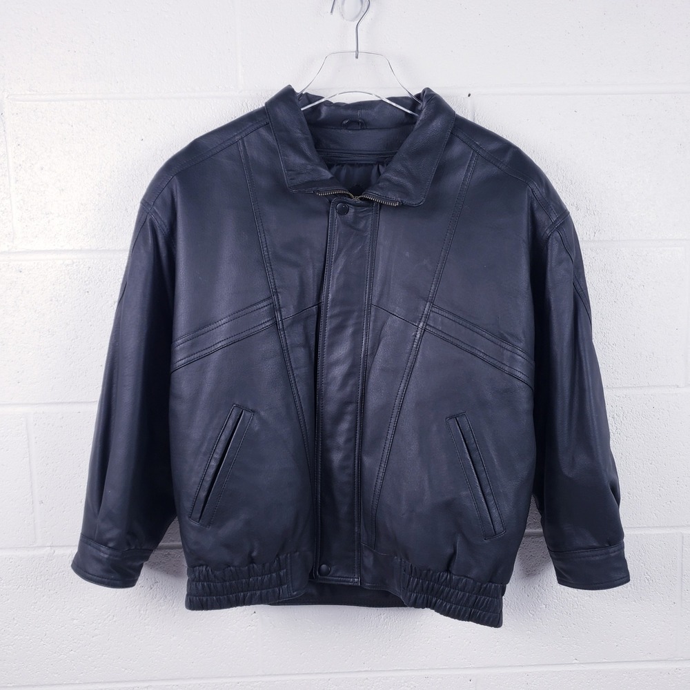 HY Leather Bomber Jacket Black Vintage 80s 90s Oversized Mens Size Medium